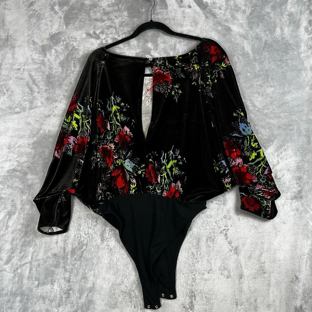 Free People Intimately Velvet Floral Bodysuit Black Dolman Sleeve Small S